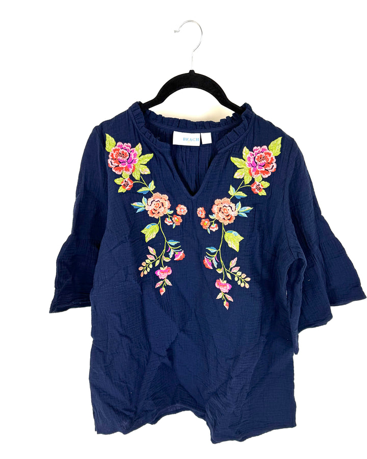 Navy Blue Floral Embroidered Top - Size 6/8