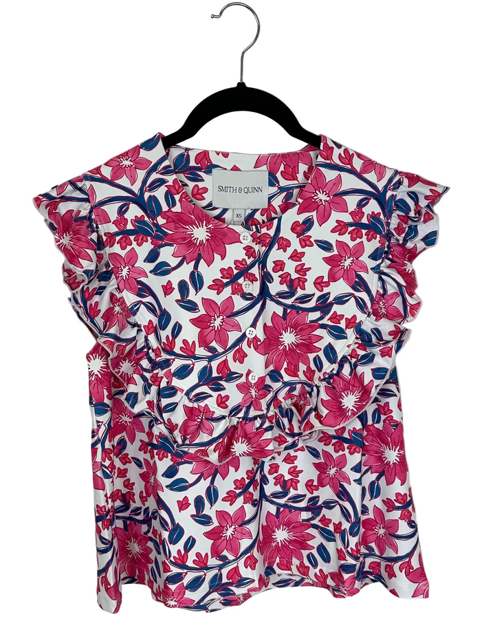 White and Pink Floral Ruffle Top - Size XS, S, M, L, XL, XXL