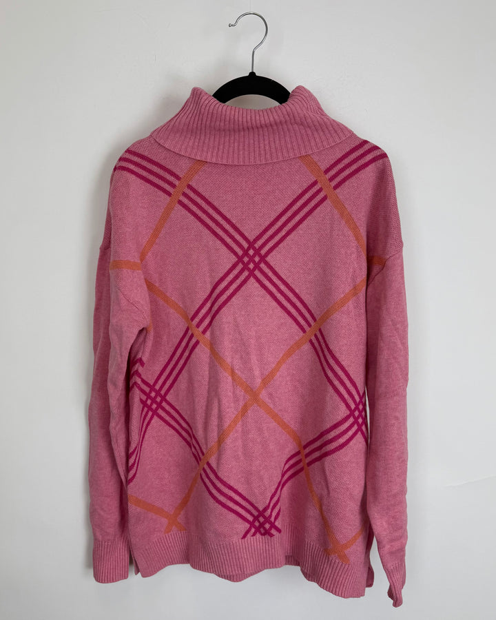 Pink Plaid Turtleneck Sweater - Small