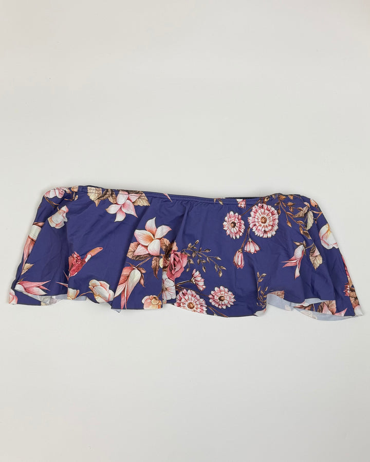 Vintage Blue Floral Ruffle Bandeau Bikini Top - Small