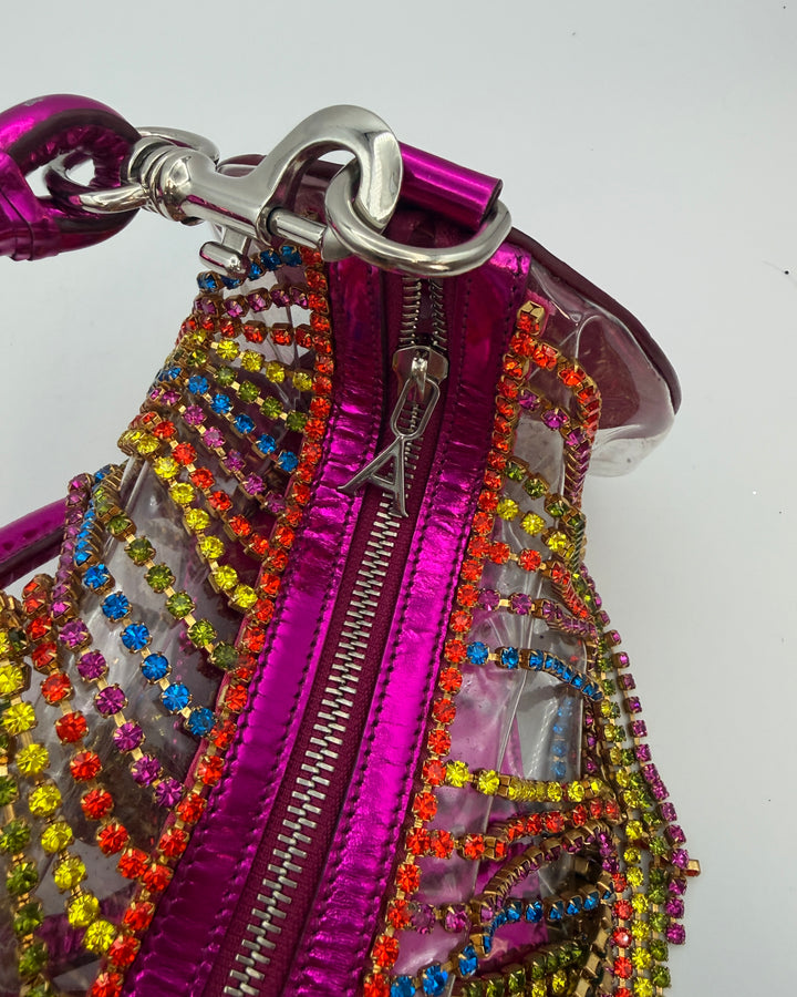 Fuchsia Pink Transparent Rhinestone Fringe Bag