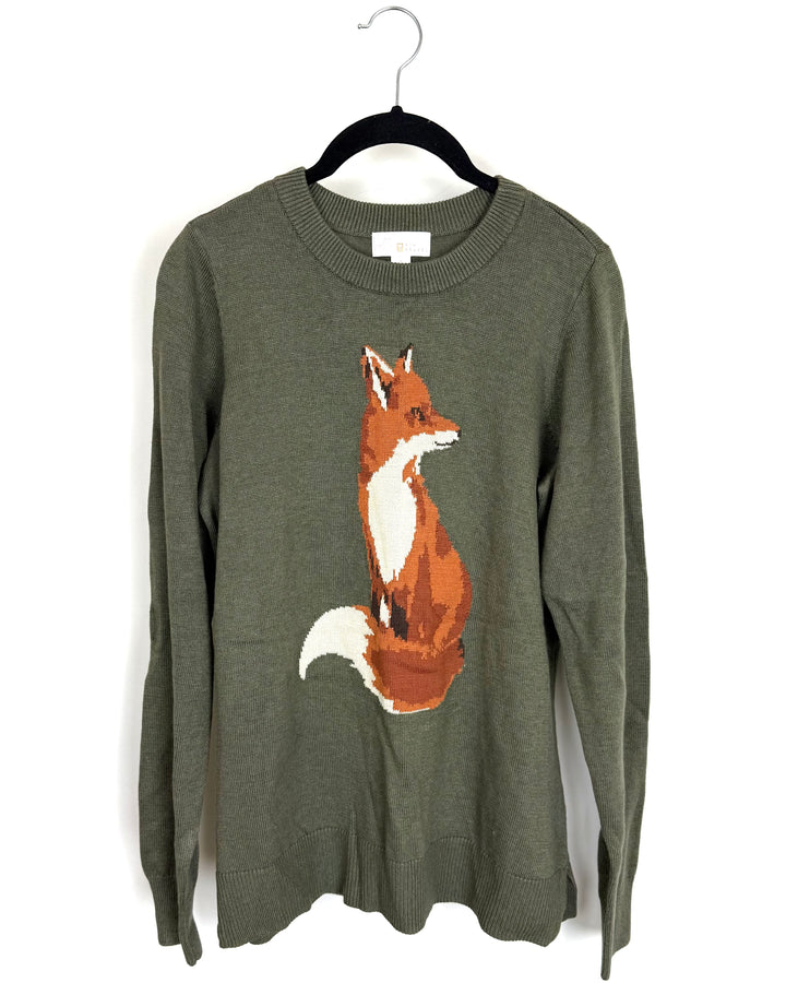 Dark Olive Green Fox Sweater - Size 6/8