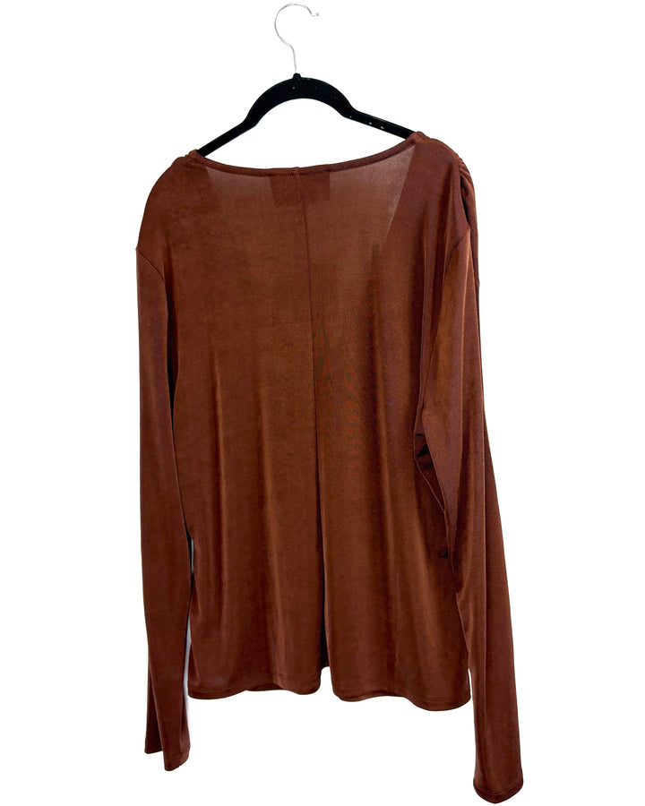 Brown V-Neck Long Sleeve Top - 2X