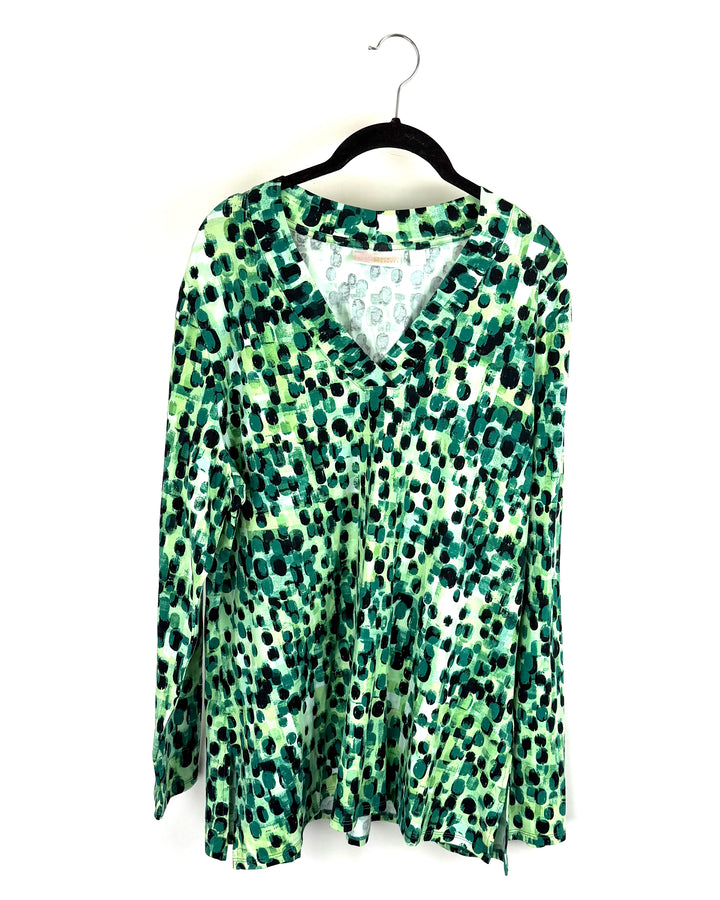 Green Dot Pattern Long Sleeve Top - Size 14/16