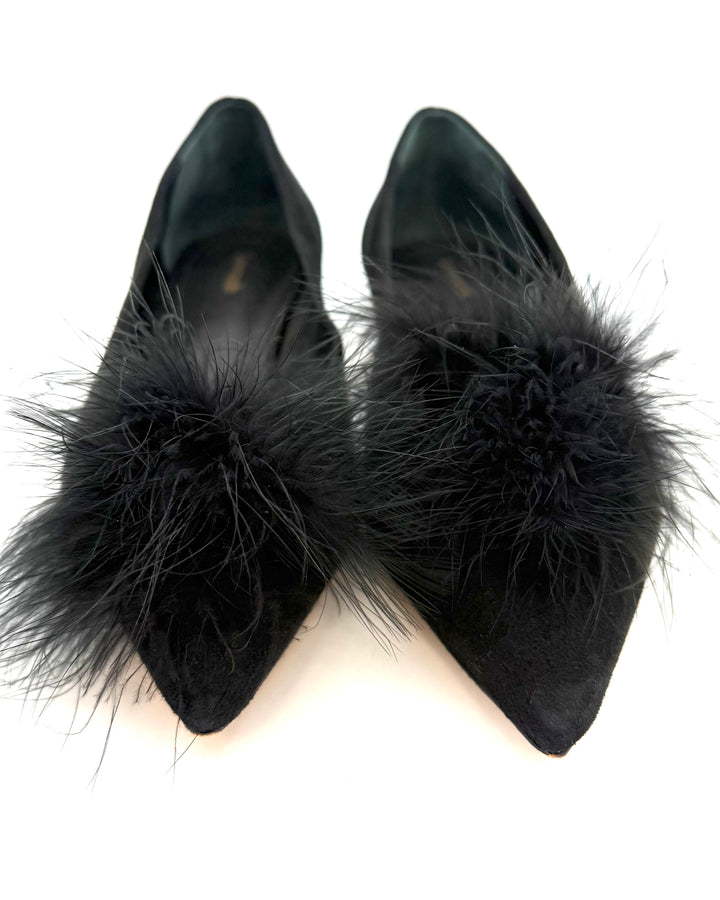 Black Suede Pom Pom Ballet Flat - Size 10
