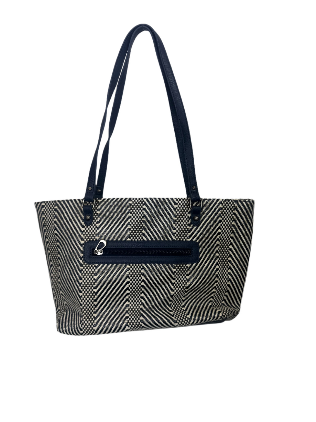 White and Navy Woven Chevron Tote Bag