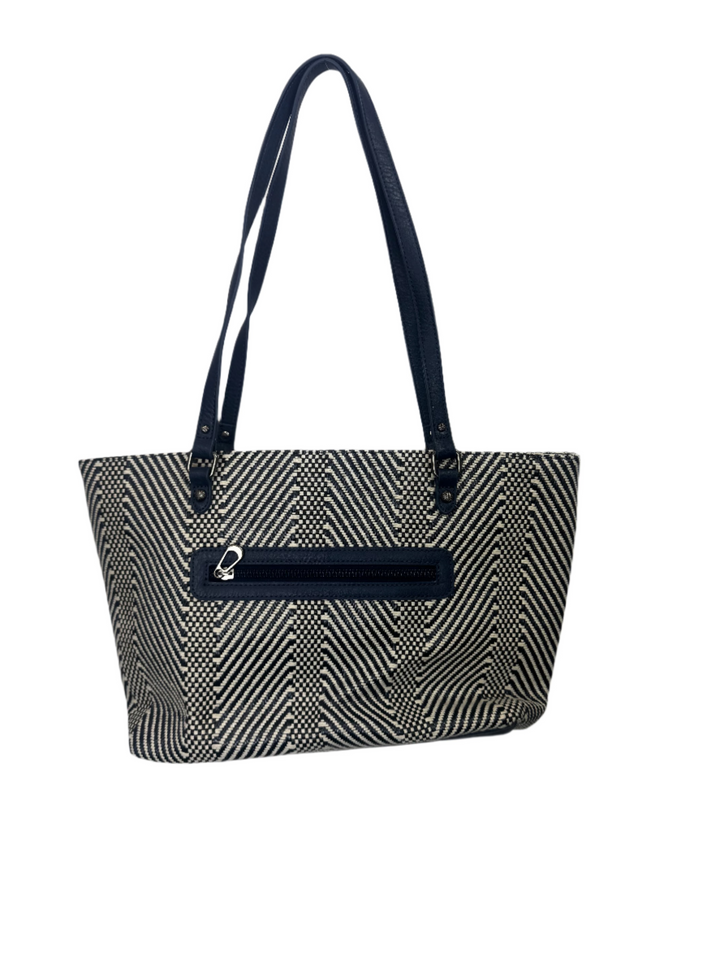 White and Navy Woven Chevron Tote Bag