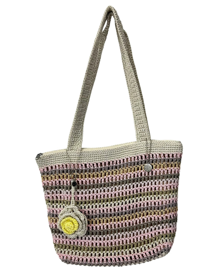 Light Tan and Pink Crochet Shoulder Bag With Floral Charm