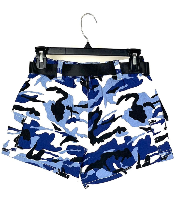 Blue Camo Cargo Shorts With Buckle Belt - Size 2/4