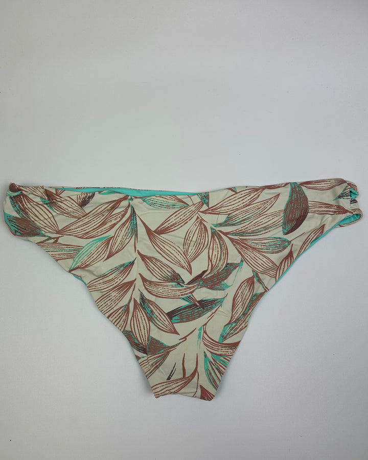 Tan & Light Teal Plant Print Side Cut Out Bikini Bottom - Extra Large