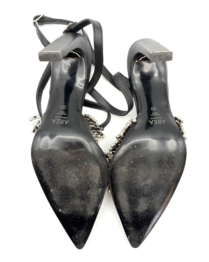 Black Gem Fringe Heels With Ankle Strap - Size 39