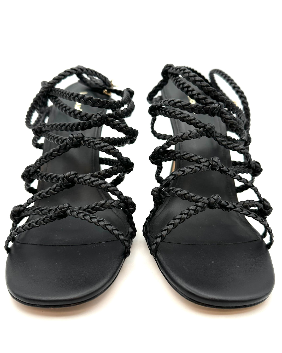 Black Leather Braided Strap Heels - Size 10