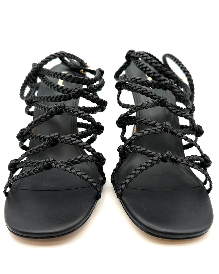 Black Leather Braided Strap Heels - Size 10