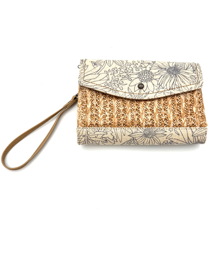 Beige Abstract Floral Woven Wristlet/Crossbody Wallet Bag