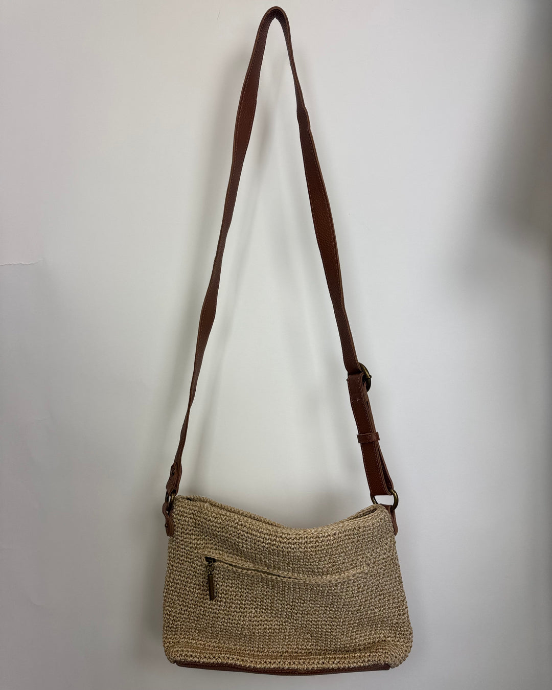 Sandy Tan Crochet & Leather Crossbody Bag
