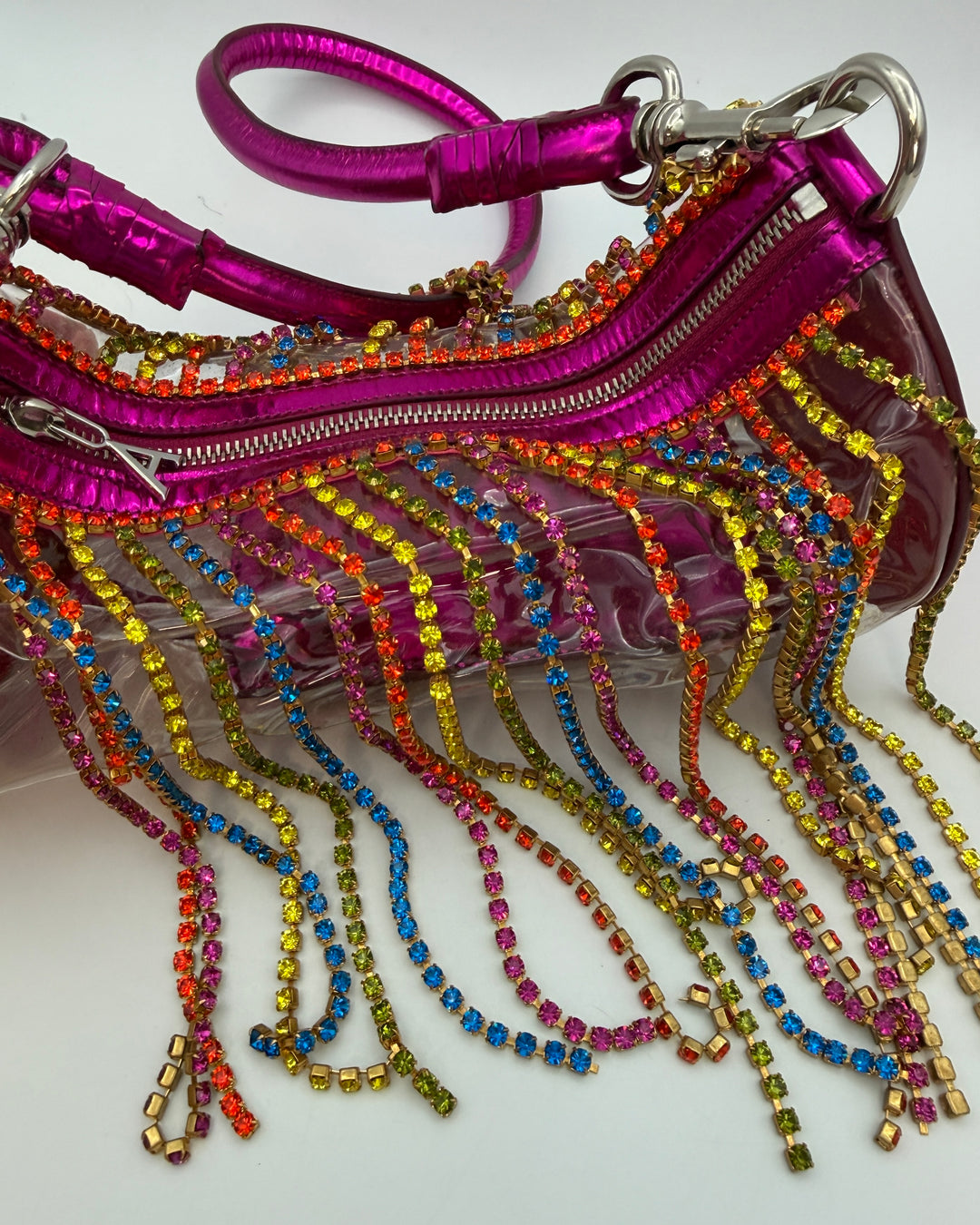 Fuchsia Pink Transparent Rhinestone Fringe Bag