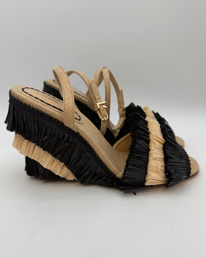 Ivory & Black Straw Fringe Wedge Sandal - Size 6.5