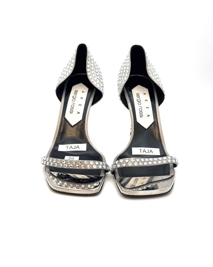 Silver Satin Crystal Heels - Size 39