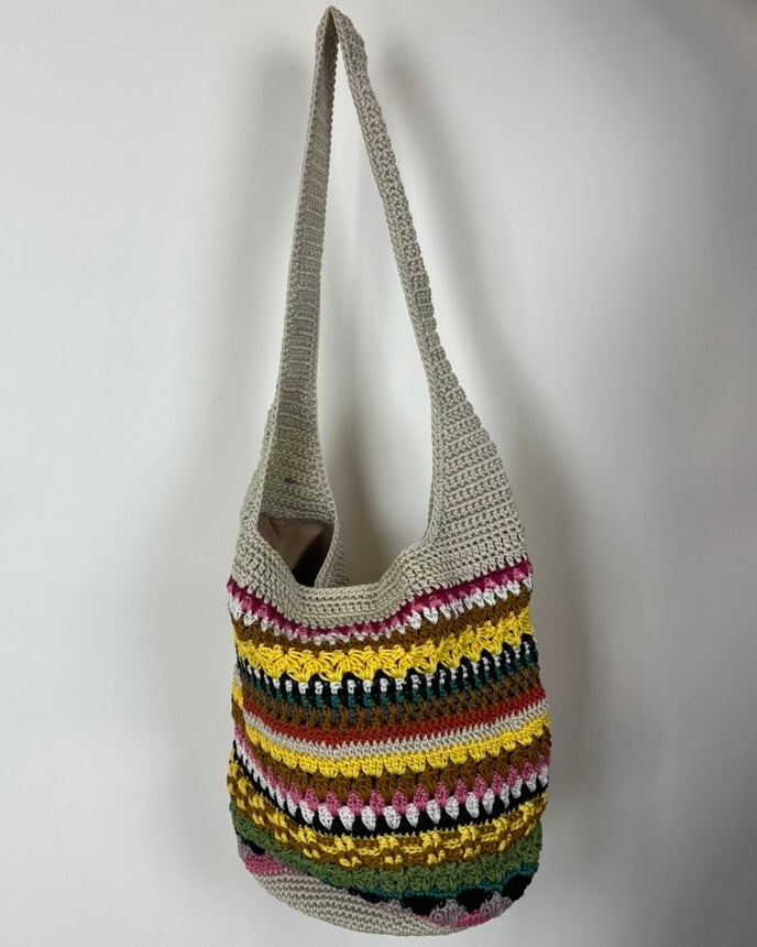 Beige Multicolor Crochet Bucket Tote Bag