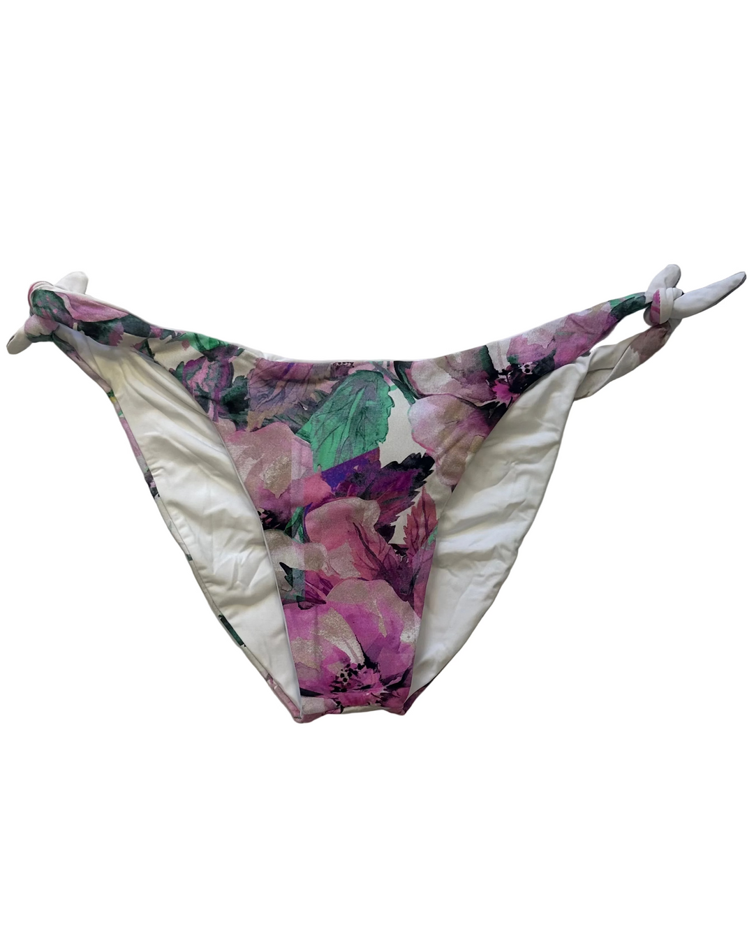 Purple Floral and White Reversible Scrunch Tie Bikini Bottom - XS - XL