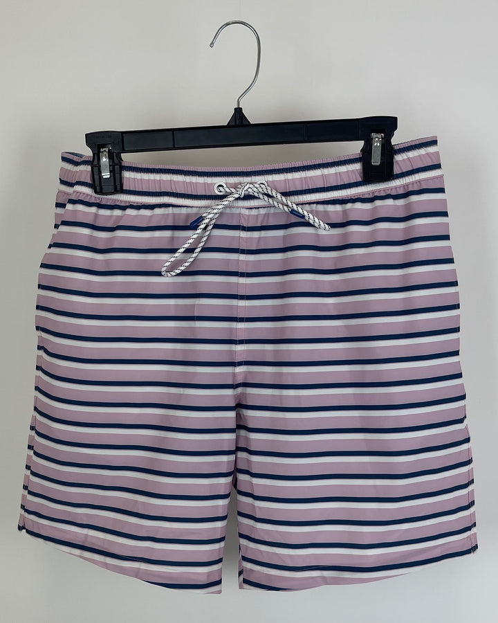 MENS Pink Swim Shorts With Navy and White Stripes - Medium