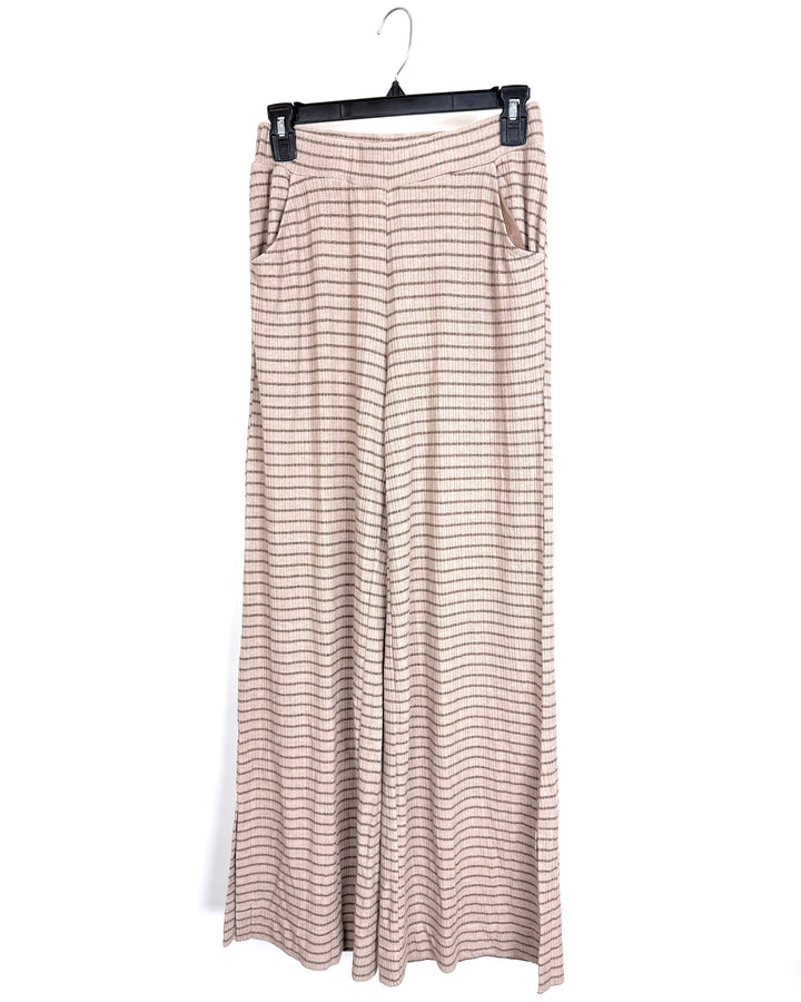 Beige-Brown Horizontal Striped Wide-Leg Lounge Pants - Size 0/2