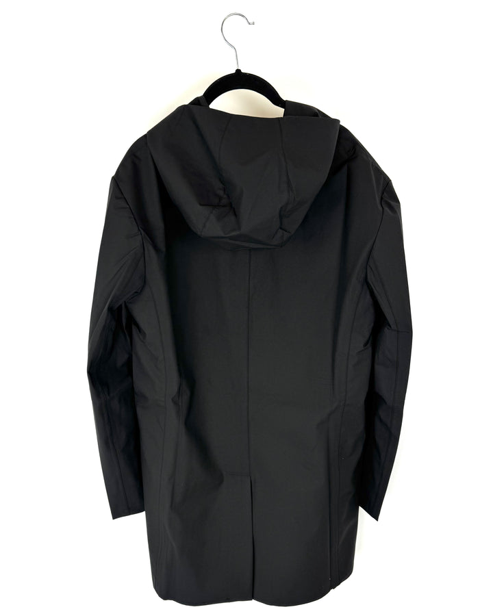 Black Button Down Raincoat With Hood - Size 6-10