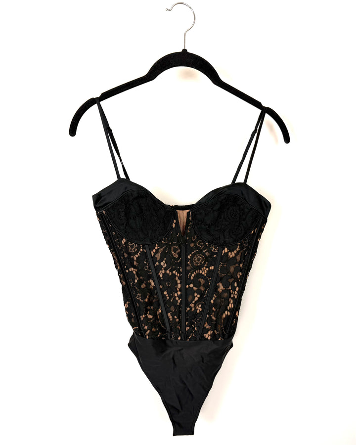 Black And Nude Lace Corset Bodysuit - Size 00 and 12/14