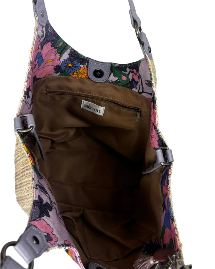 Beige Woven With Purple Floral Stripe Shoulder Bag