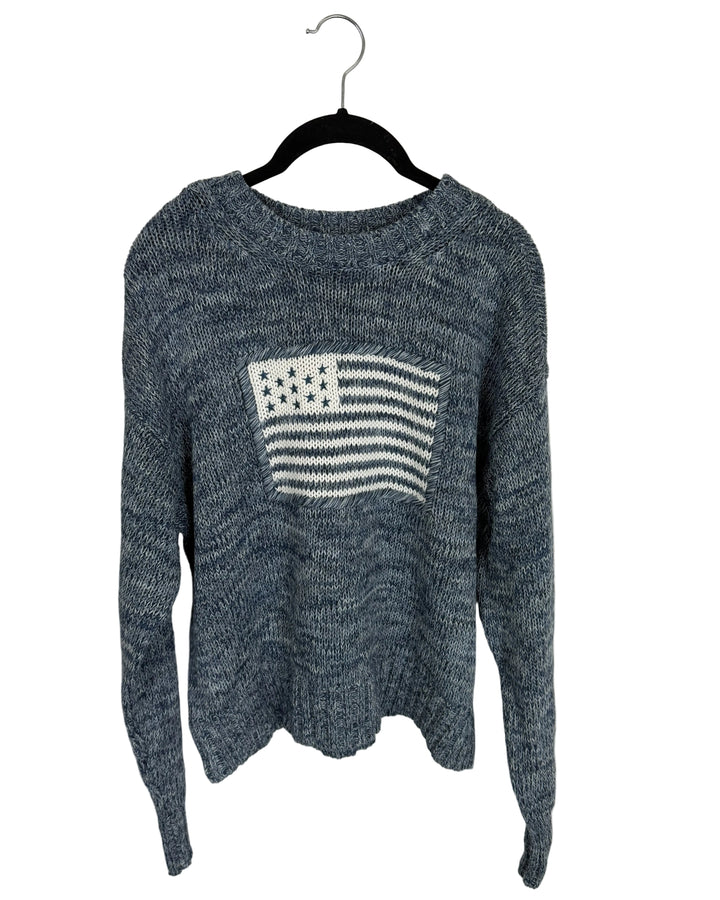 Blue and White Sweater with Embroidered Flag-  Size 6/8
