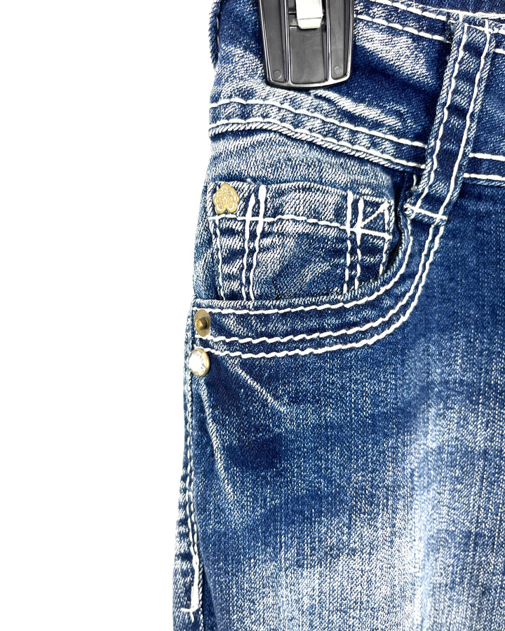 Mid-Rise Blue Bootcut Jeans with White Stitching - Size 0/2