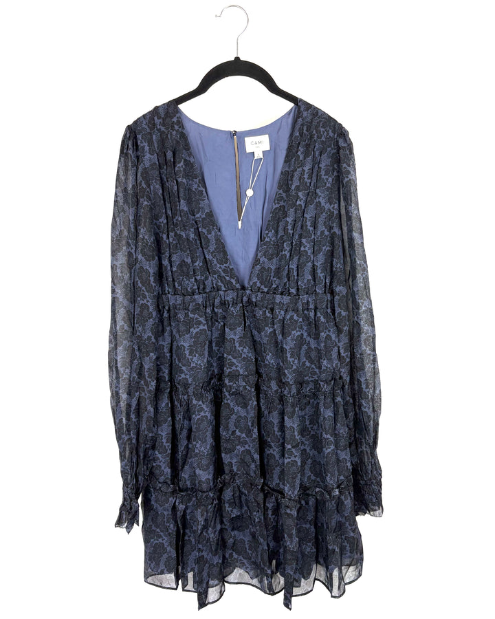 Navy Blue Floral Mesh Long Sleeve Dress - Small And Medium