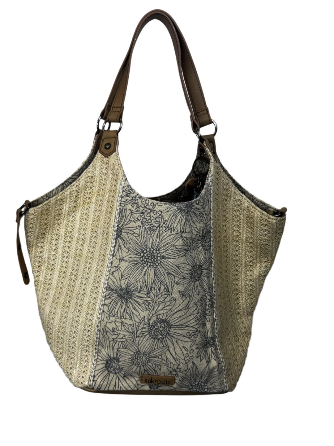 Beige Woven With Blue Floral Stripe Shoulder Bag