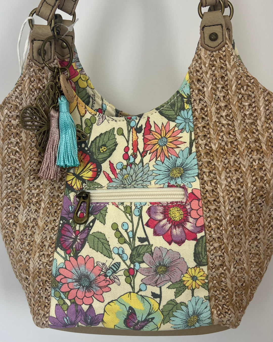 Multi Color Floral And Raffia Mini Tote Bag