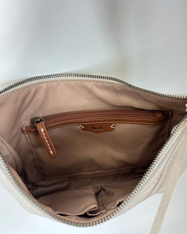 Cream Leather Shoulder Bag With Colorful Strap