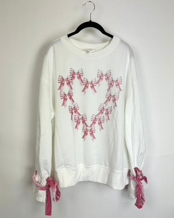 White Rhinestone Bow Heart Sweater - Size 14/16