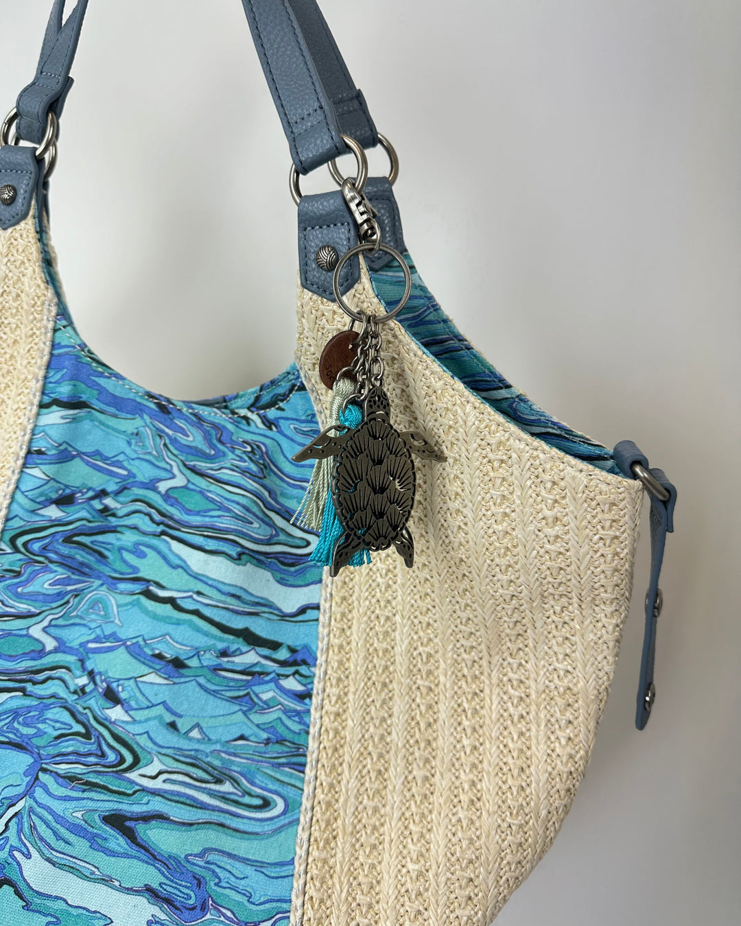 Blue Marble And Raffia Tote Bag