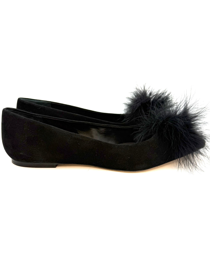 Black Suede Pom Pom Ballet Flat - Size 10
