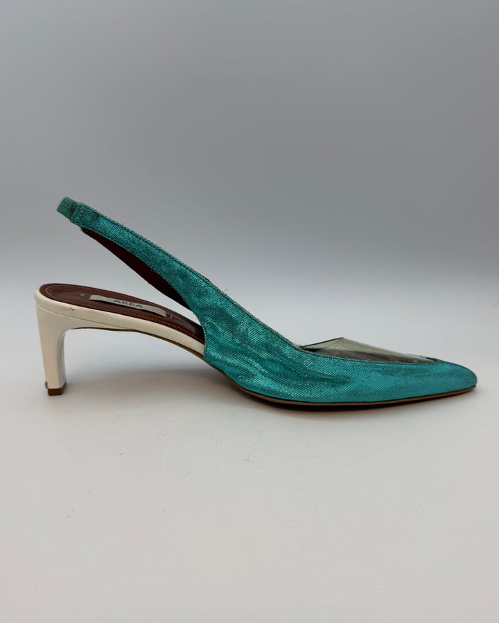 Textured White and Metallic Teal Heels - Size 40
