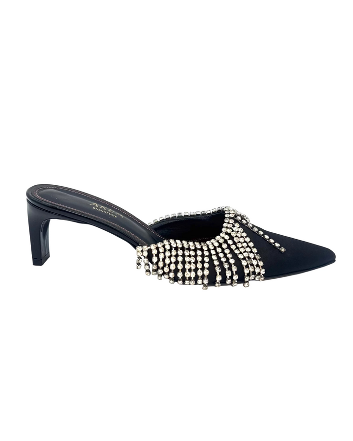 Black Satin Rhinestone Overlay Kitten Heels - Size 39