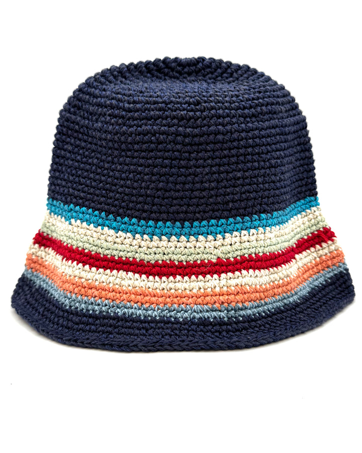 Navy Blue Multicolor Striped Crochet Bucket Hat