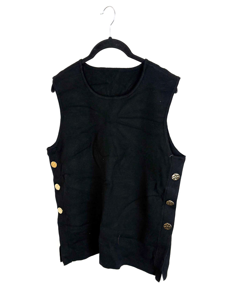 Black Sleeveless Gold Button Top - Size 12/14