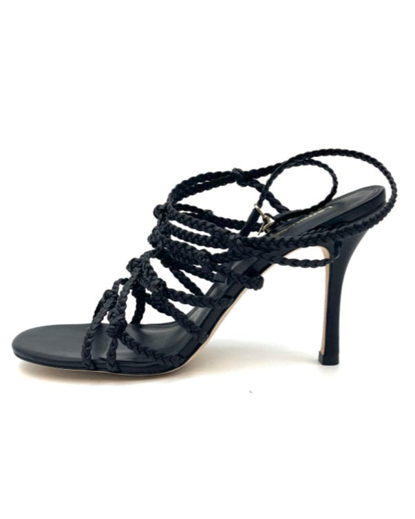 Black Leather Braided Strap Heels - Size 10