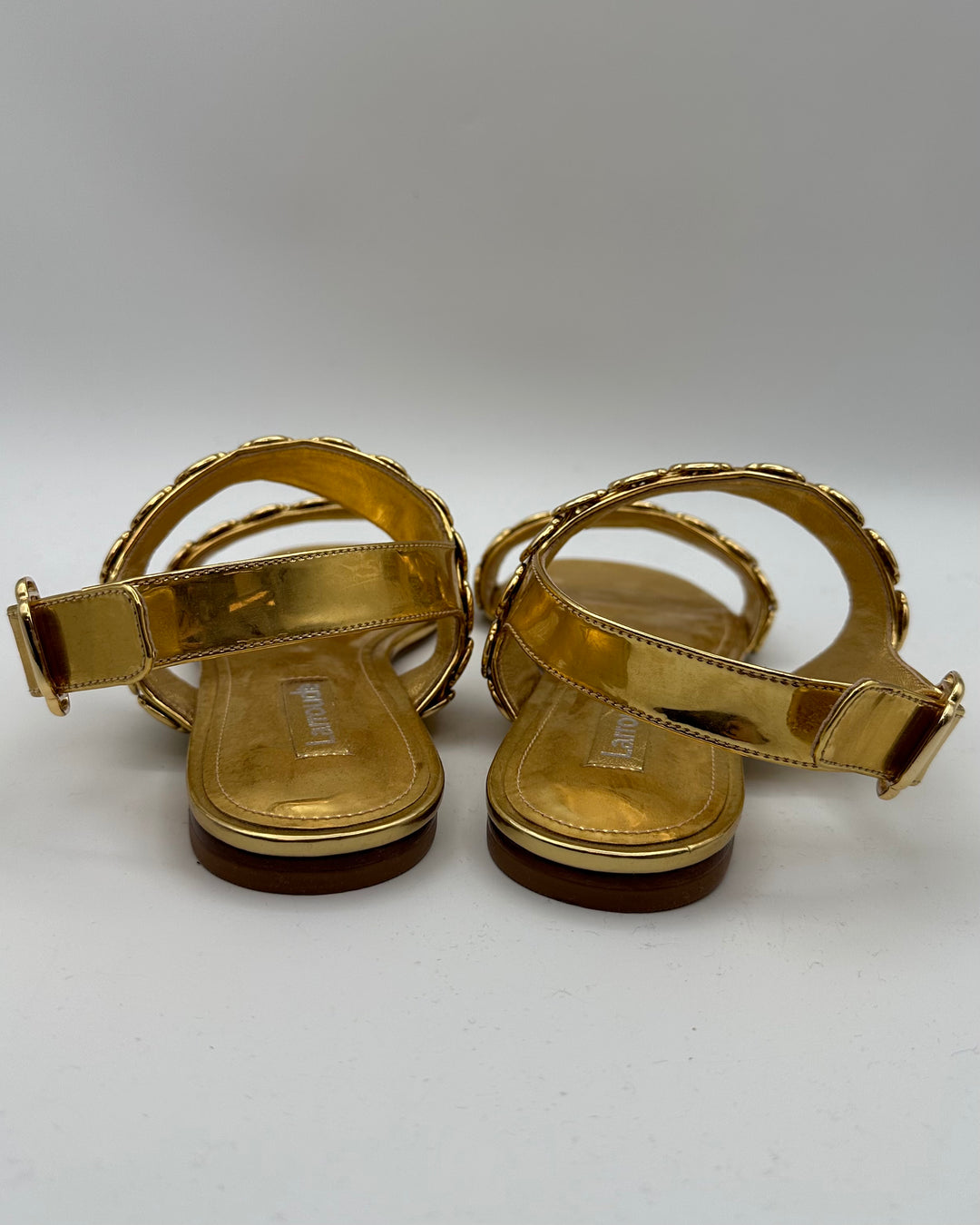 Gold Patent Leather Buckle Flat Sandals - Size 6.5
