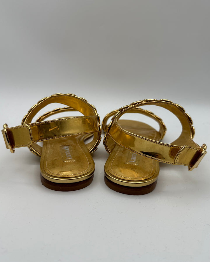 Gold Patent Leather Buckle Flat Sandals - Size 6.5