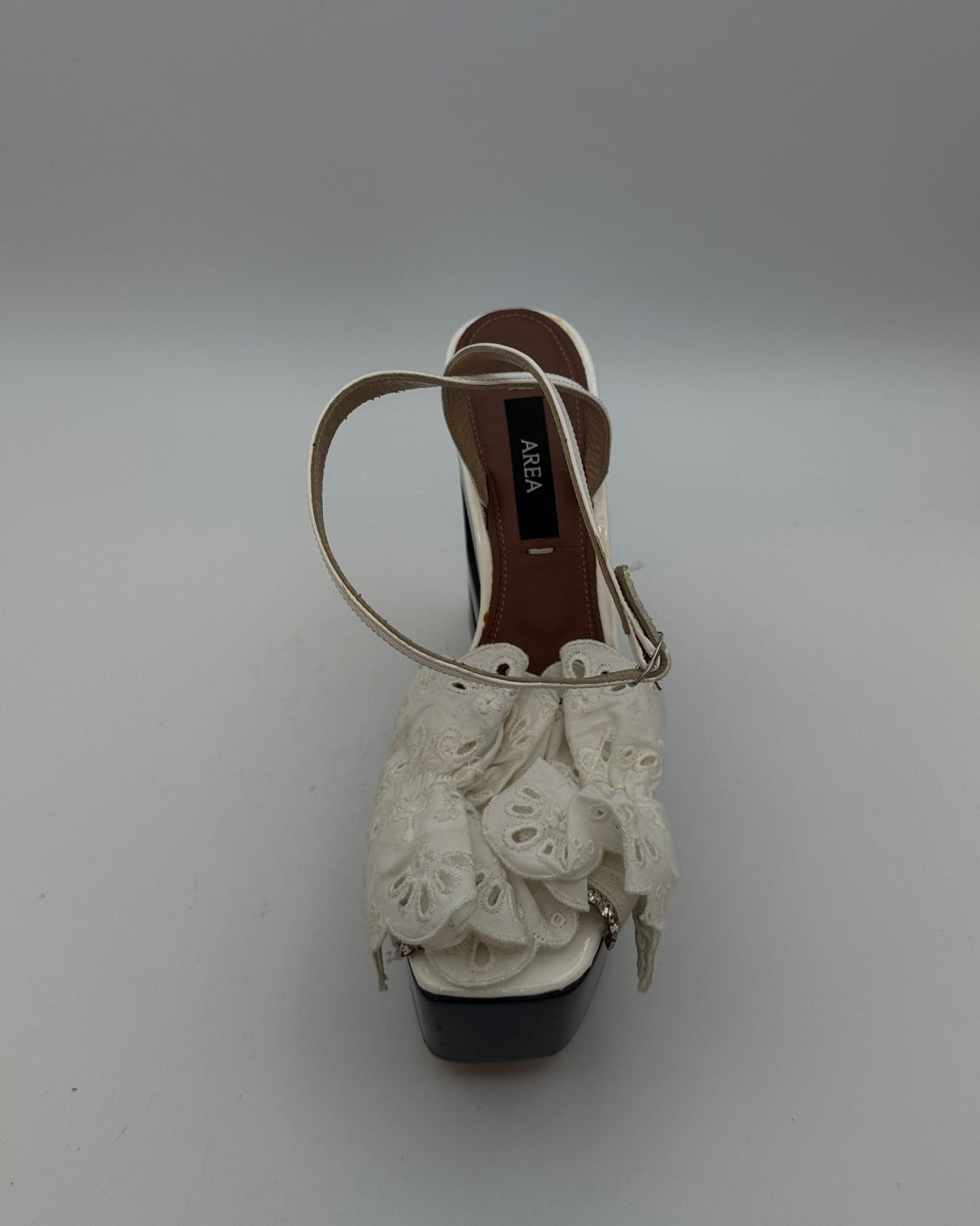 Ivory White Eyelet Ruffle Monogram Platform Sandal - Size 39