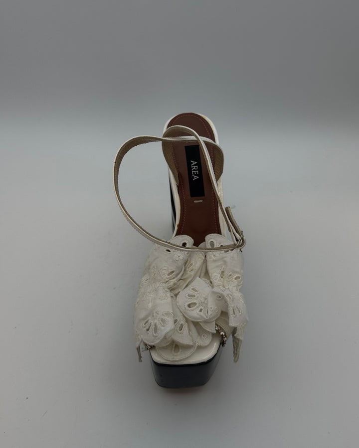 Ivory White Eyelet Ruffle Monogram Platform Sandal - Size 39