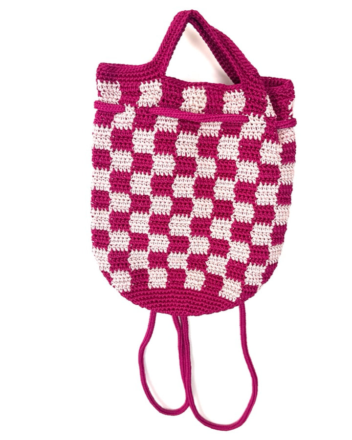 Pink Checkered Print Crochet Convertible Backpack