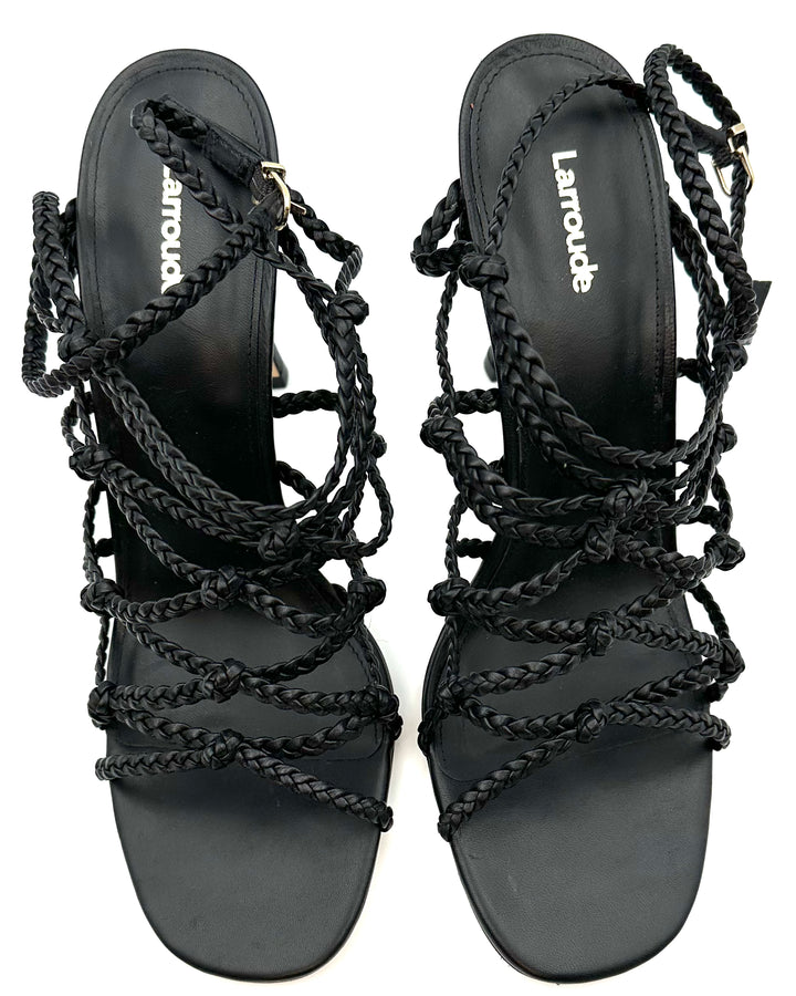 Black Leather Braided Strap Heels - Size 10