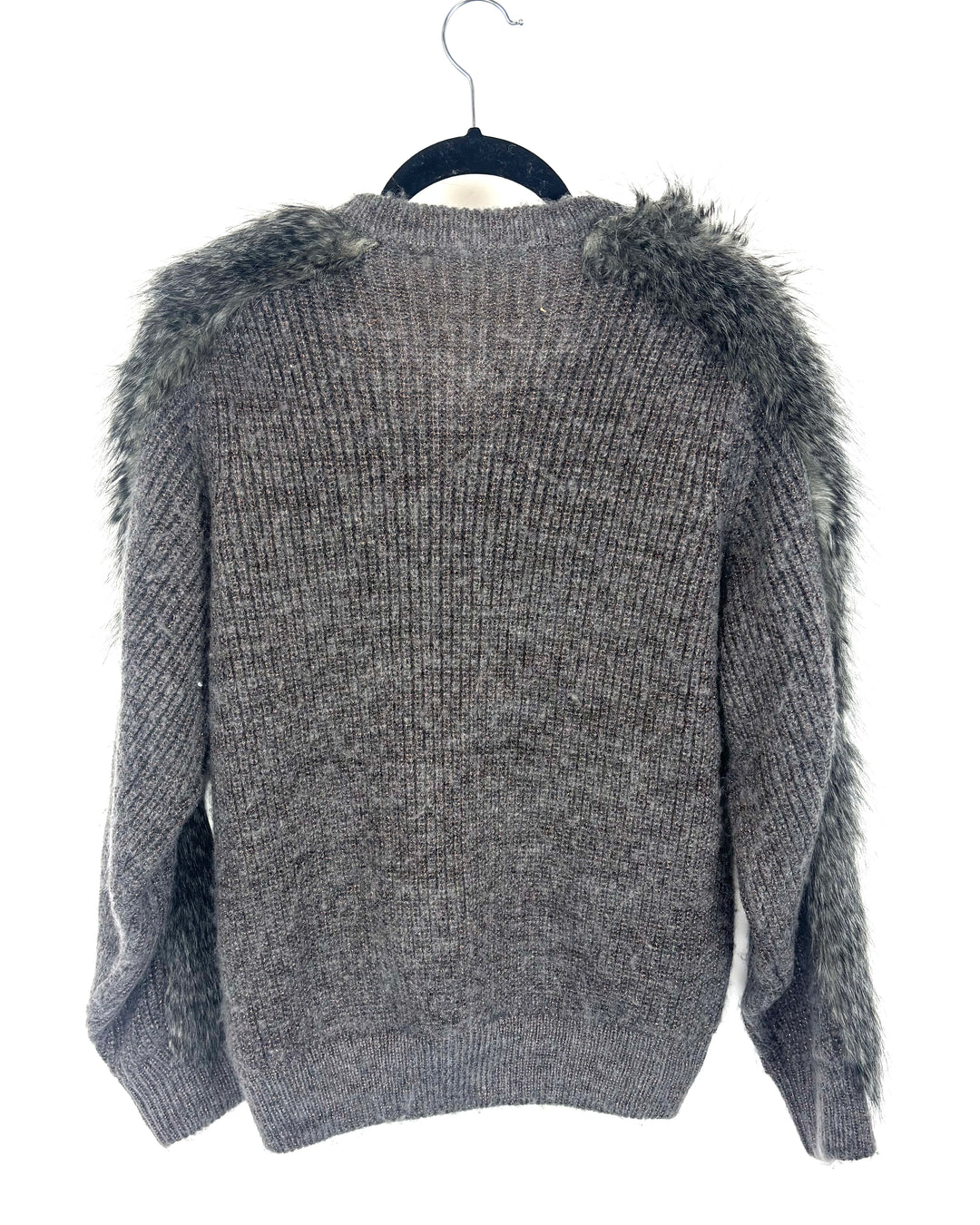 Grey Ribbed Knit Zip Up Sweater - Large